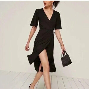 Reformation Women Laurel Wrap Dress Midi Short Sleeve Black Size Extra Small